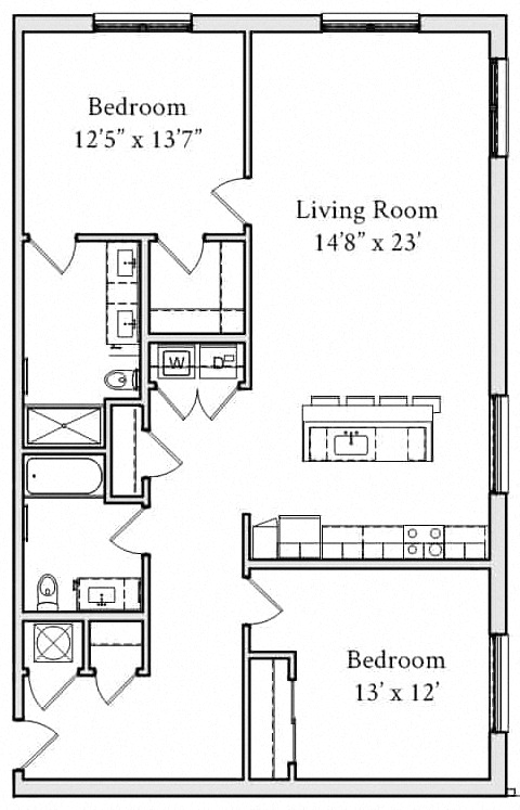 Floor plan for 2 beds, 2 baths, 1316 sqft